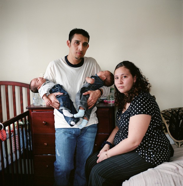Emily Menjares, twenty-two, with her boyfriend Esli and her sons Ethan and Evan.